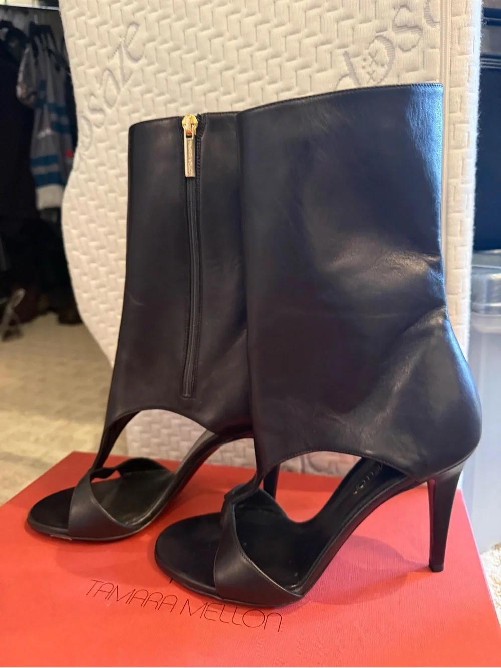 Tamara Mellon Black Open-Toe Leather High-Heel Booties